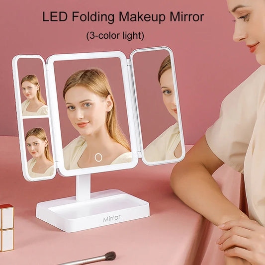 Tri-Fold LED Makeup Mirror 3 Tone Lights Portable Compact Desktop Vanity Mirror 2X/3X Magnifying Rotable Lighted Makeup Mirror