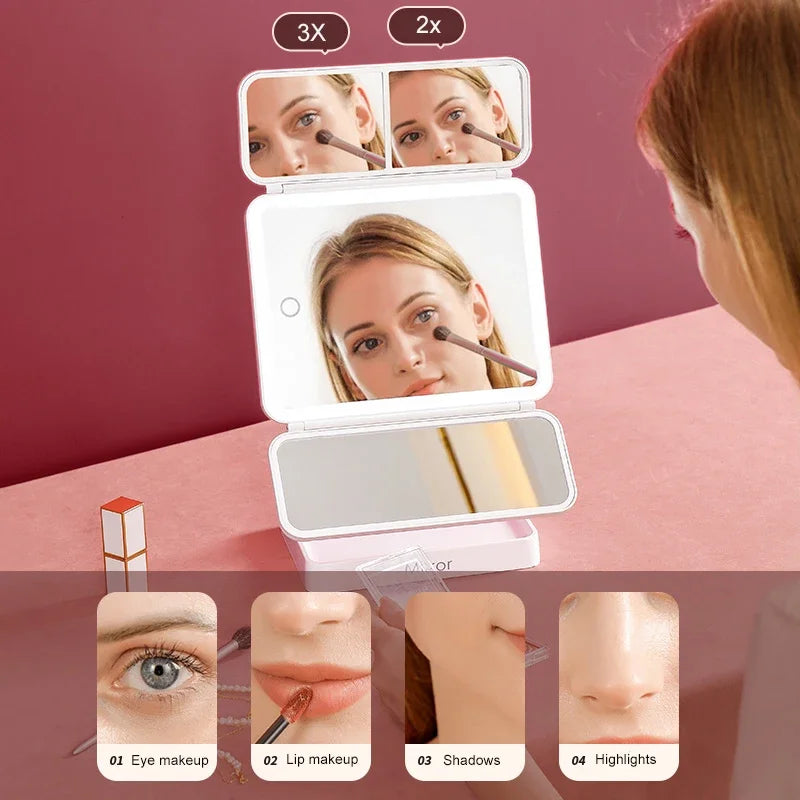 Tri-Fold LED Makeup Mirror 3 Tone Lights Portable Compact Desktop Vanity Mirror 2X/3X Magnifying Rotable Lighted Makeup Mirror